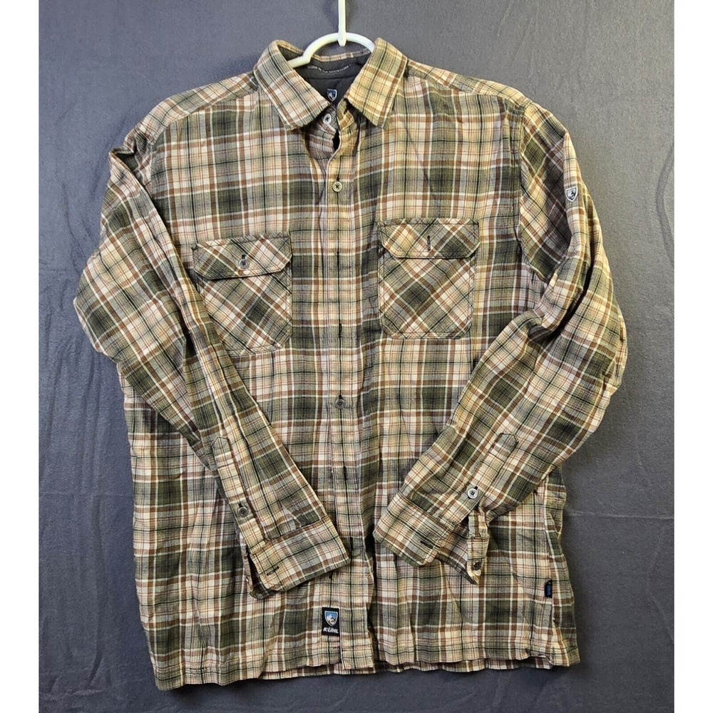 Kuhl Button Down Shirt Mens Large Green Brown Plaid Cotton Tencel Long Sleeve